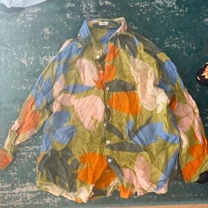 Vitamin A Colorful Chartreuse Floral Button Up Coverup Top Linen Made in India
